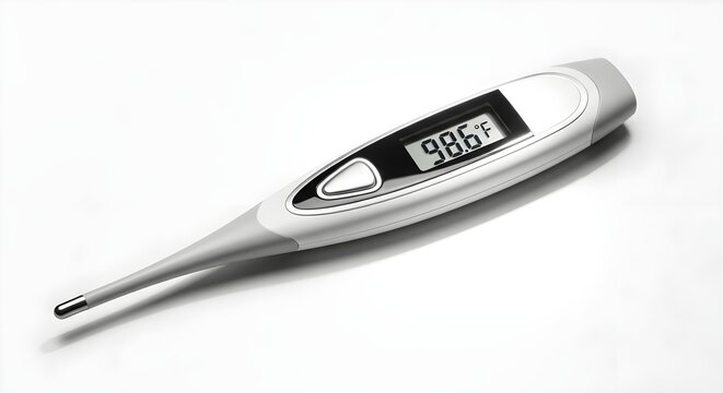 Digital thermometer displaying 98.6 degrees Fahrenheit on a white background ideal for medical and healthcare related content
