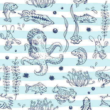 Underwater seamless pattern on sea striped background. Octopus, fish, squid, crab, shrimp, oyster, urchin, mollusk, seashell, crawfish, coral, seaweed and water bubbles. Inked sketch.