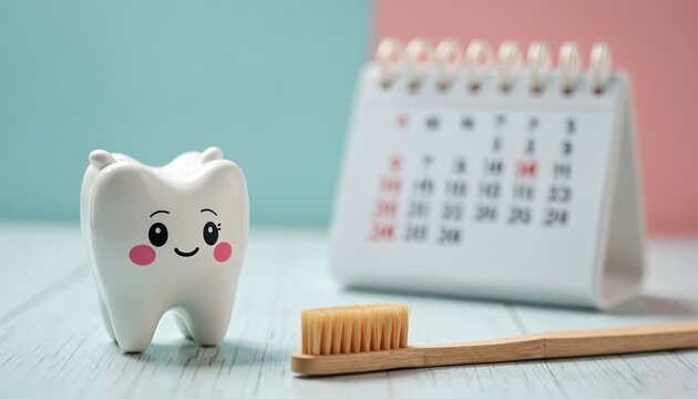 Cute tooth figure sits with wooden toothbrush near desk calendar. Oral care reminders and dental appointment schedule visible. Healthy smile concept for kids.