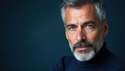 Fototapeta premium Mature man with graying hair and beard has thoughtful blue eyes. His refined face shows experience and wisdom. He looks calmly into the camera with self-assurance.