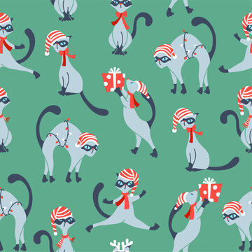 Siam Cats Celebrating Christmas in cozy outfits seamless pattern
