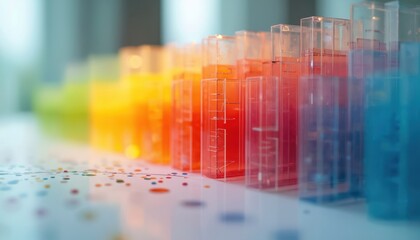 Fototapeta premium Clear liquid in transparent tubes shows color gradient from yellow to blue. Scientific containers sit in a row on a surface with scattered colorful dots. Research and development concept.