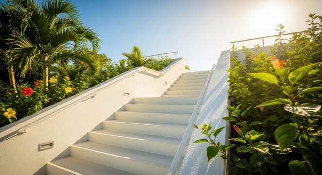 Staircase leading upwards with bright sunlight and lush green foliage on either side