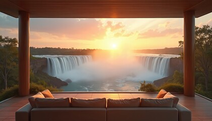 Fototapeta premium Luxurious veranda couch faces majestic waterfall vista at sunrise. Morning sun rays pierce mist rising from water. Peaceful nature scene with tropical green plants and architecture.