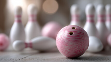 Naklejka premium Pink striped bowling ball centered among scattered white pins on table surface, fun and playful sport concept with pastel color palette, defocused background, with copy space