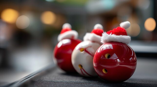 Three red and white bowling balls each topped with miniature Santa hats, festive and fun holiday sport concept, seasonal celebration composition, defocused background, with copy