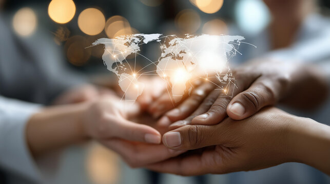 World health day universal health coverage concept, faceless diverse group of people connected by healthcare network, global health equity and access for all symbolized by glowing