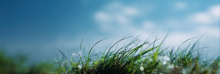 Naklejka premium Closeup meadow grass blades dew sparkling droplets blue sky soft clouds horizon nature tranquil panoramic scene