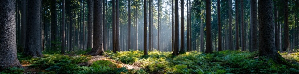 Fototapeta premium Dense evergreen forest sunbeams and mossy floor with tall trunks and filtered light creating a quiet natural grove