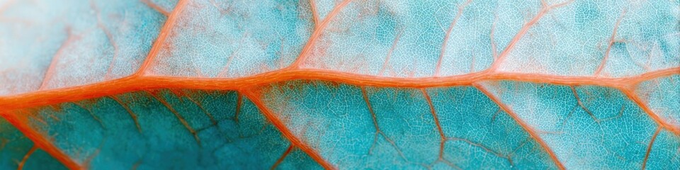 Fototapeta premium Closeup leaf vein texture turquoise orange macro botanical detail organic pattern nature abstract vibrant contrast close up natural surface