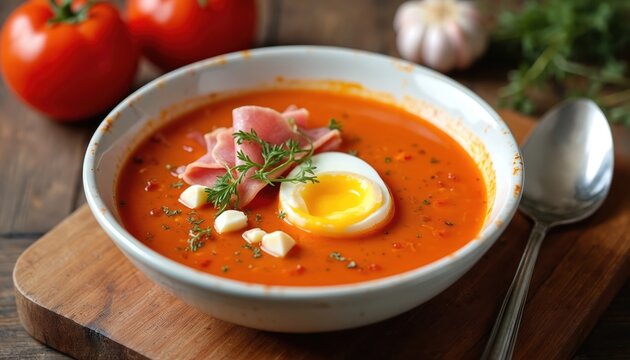 Cold tomato soup salmorejo with egg and ham slices. This spanish dish is made from blended tomatoes garlic bread olive oil and served chilled. Healthy summer food.