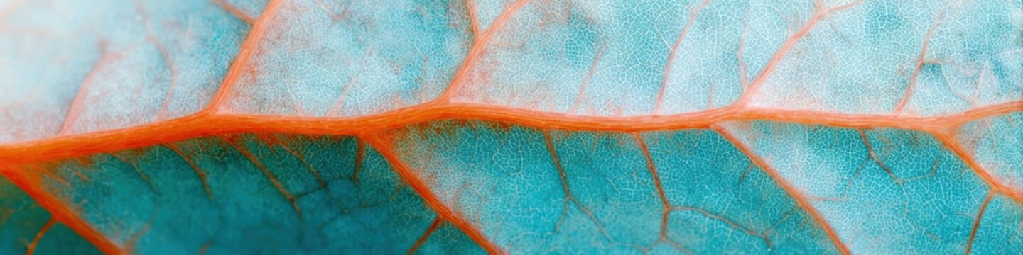 Closeup leaf vein texture turquoise orange macro botanical detail organic pattern nature abstract vibrant contrast close up natural surface