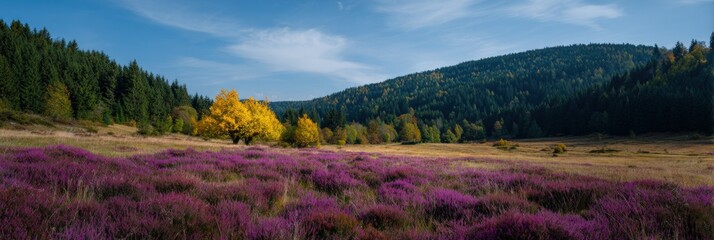 Naklejka premium Vivid purple heather field with yellow autumn trees against green forested hills and bright blue sky wide panoramic nature scene