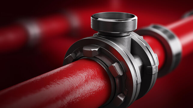 Red industrial pipe with valve and metal clamps against solid red background, detailed close-up of metallic surface and pipe fittings, bold industrial hardware concept, with copy