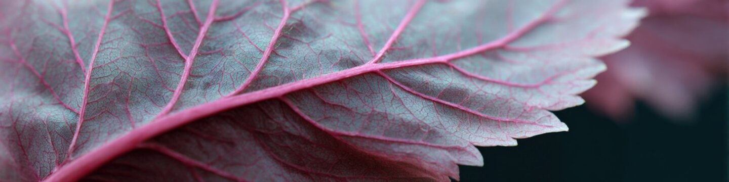 Macro pink leaf texture veins closeup on teal background botanical detail natural foliage pattern
