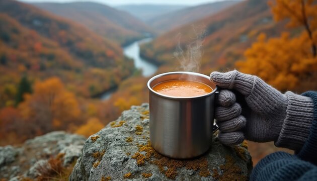Person in gloves holds thermos soup on lichen rock overlooking valley during autumn. Warm steam rises from metal mug, cozy outdoor meal break with scenic mountain landscape.