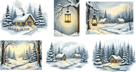 Winter Landscape Collection Vector Illustration Featuring Snowy Cabin Forest Lantern Light and Cozy Holiday Nature Scenes in Soft Hand Drawn Style © Kulsum