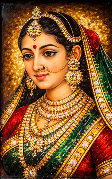 Authentic Antique Tanjore Reverse Glass Painting of a Royal Portrait with Crinkled Gold Foil Backing