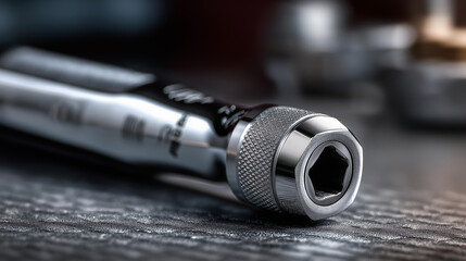Obraz premium Chrome socket wrench on textured surface showcasing polished finish and precision design detail, clean studio setting ideal for automotive and mechanical applications concept,