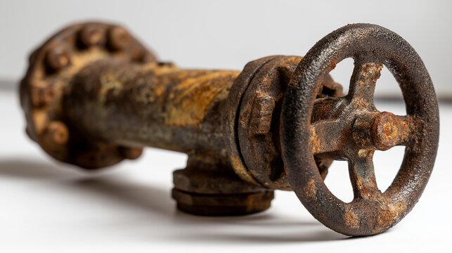 Old iron pipe valve with heavily rusted weathered finish featuring prominent wheel handle, isolated on clean white background, vintage industrial hardware concept, with copy space