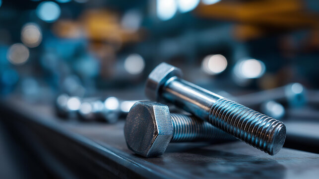 Close-up of steel bolts with detailed threading and metallic surface finish, defocused industrial environment in background, precision fastener hardware concept, with copy space