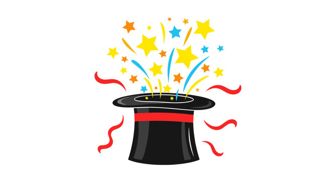 Magic hat with colorful stars and ribbons bursting out, symbolizing surprise and wonder
