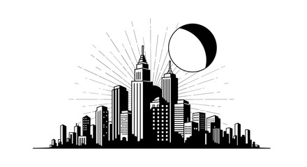 Obraz premium Stylized black and white cityscape with a crescent moon and sunburst effect