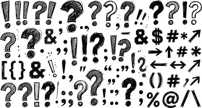 Hand drawn punctuation marks and symbols set on white background