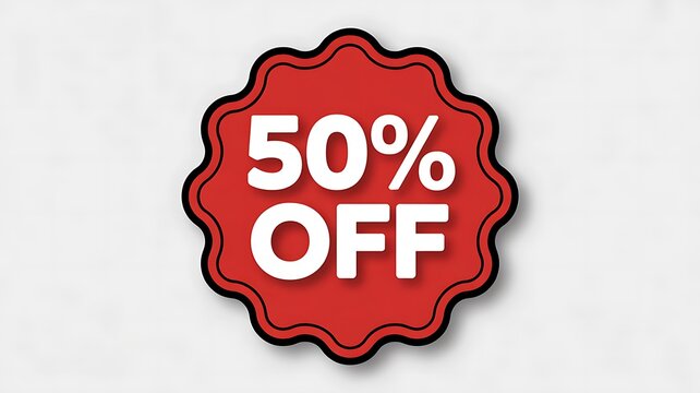 50 percent off discount label, red badge
