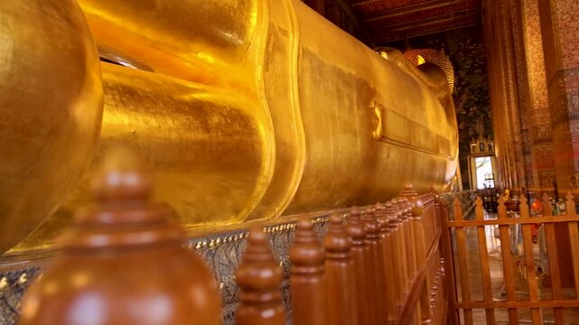 Wat Pho Temple Reclining Buddha Side View With Fence Interior Bangkok