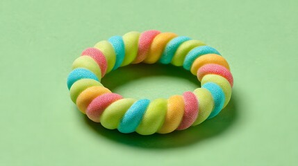 Fototapeta premium Vibrant spiral hair tie with pastel colors on a soft green background