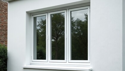 Obraz premium Three panel aluminum casement window with white frame on textured white wall. Reflecting trees and foliage view from inside. Modern home exterior detail.