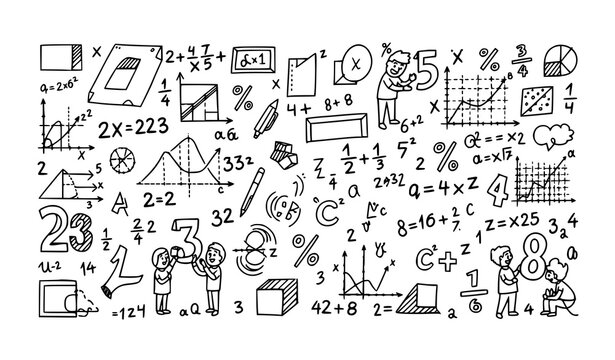 Hand drawn cute math doodles scattered with formulas symbols and educational elements creative vector illustration