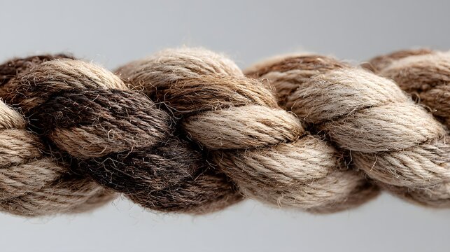 Close-up macro shot of a thick, braided natural fiber rope with varied brown tones