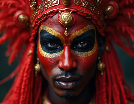 Face of Theyyam dancer painted red black gold. Traditional Hindu ritual performer in Kerala wears elaborate headdress and ornaments. Spiritual cultural performance in India.