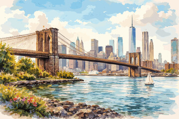 Obraz premium Brooklyn Bridge and New York City Skyline Colorful Illustration
