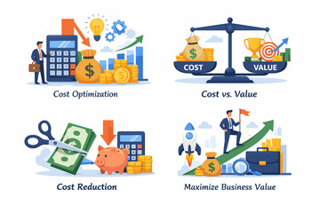 Fototapeta premium Cost Optimization and Business Growth Flat Illustration Set