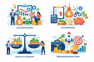 Fototapeta premium Business Cost Optimization and Financial Growth Flat Illustration Set