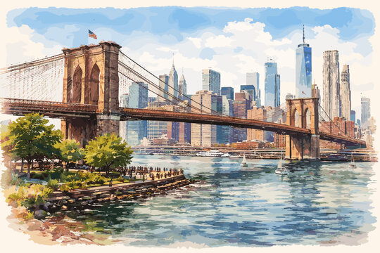 Brooklyn Bridge and New York City Skyline Watercolor Illustration