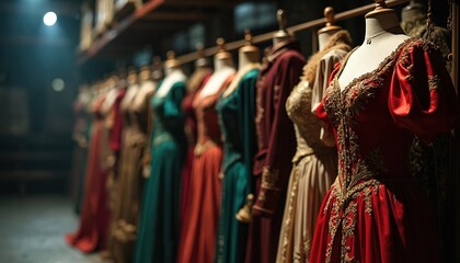 Fototapeta premium Row of vintage costumes on mannequins in dark storage. Elegant historical dresses in red green gold colors. Theatre wardrobe collection on hangers. Old fashion garment display.