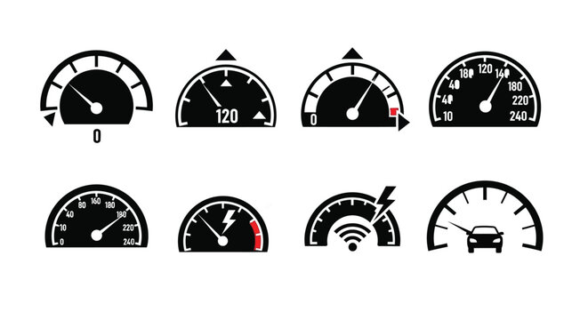 Collection of speedometers and gauges displaying varying measurements and indicators