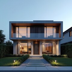 Obraz premium Modern two story house exterior at dusk. Contemporary home features large windows, balcony, clean lines, and minimal landscaping. Perfect for real estate or architectural design concepts.