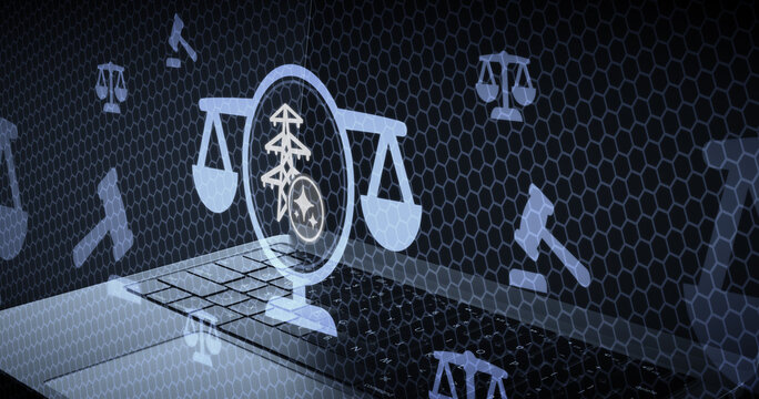 Inteligencia artificial en derecho electrico y redes justicia digital para suministro electrico y tecnologia con balanza y torre