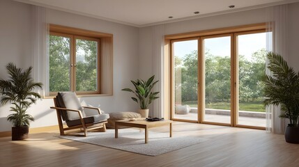 Fototapeta premium Modern living room with large and abundant natural light providing a view of a lush garden