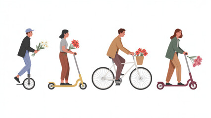 Set of People Using Eco-Friendly Urban Transportation Including Electric Scooters Bicycle and Unicycle for Green City Commuting Concept Flat Vector Illustration © Mousumi