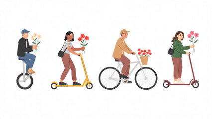 Set of People Using Eco-Friendly Urban Transportation Including Electric Scooters Bicycle and Unicycle for Green City Commuting Concept Flat Vector Illustration © Mousumi