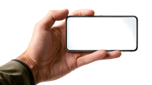 Hand holding a smartphone with a blank white screen isolated on transparent background