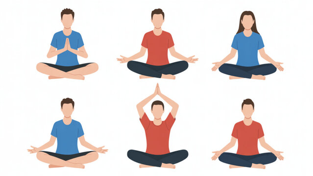 Set of Men and Women Practicing Meditation and Yoga Poses for Mental Health Wellness and Mindfulness Relaxation Concept Flat Vector Illustration