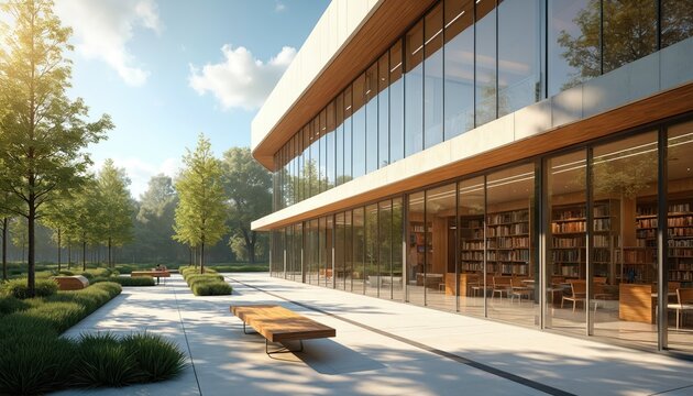 Modern library with glass walls, wooden accents sits beside rich green park. Benches, trees offer serene outdoor space for reading or studying. Sunlight streams through large windows onto bookshelves.