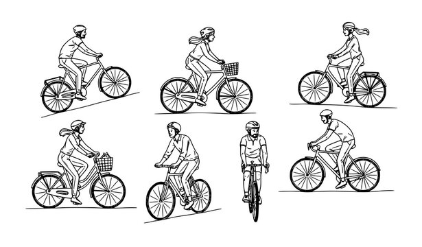 Hand drawn cyclists doodle set with men and women riding city and road bicycles in playful sketch style